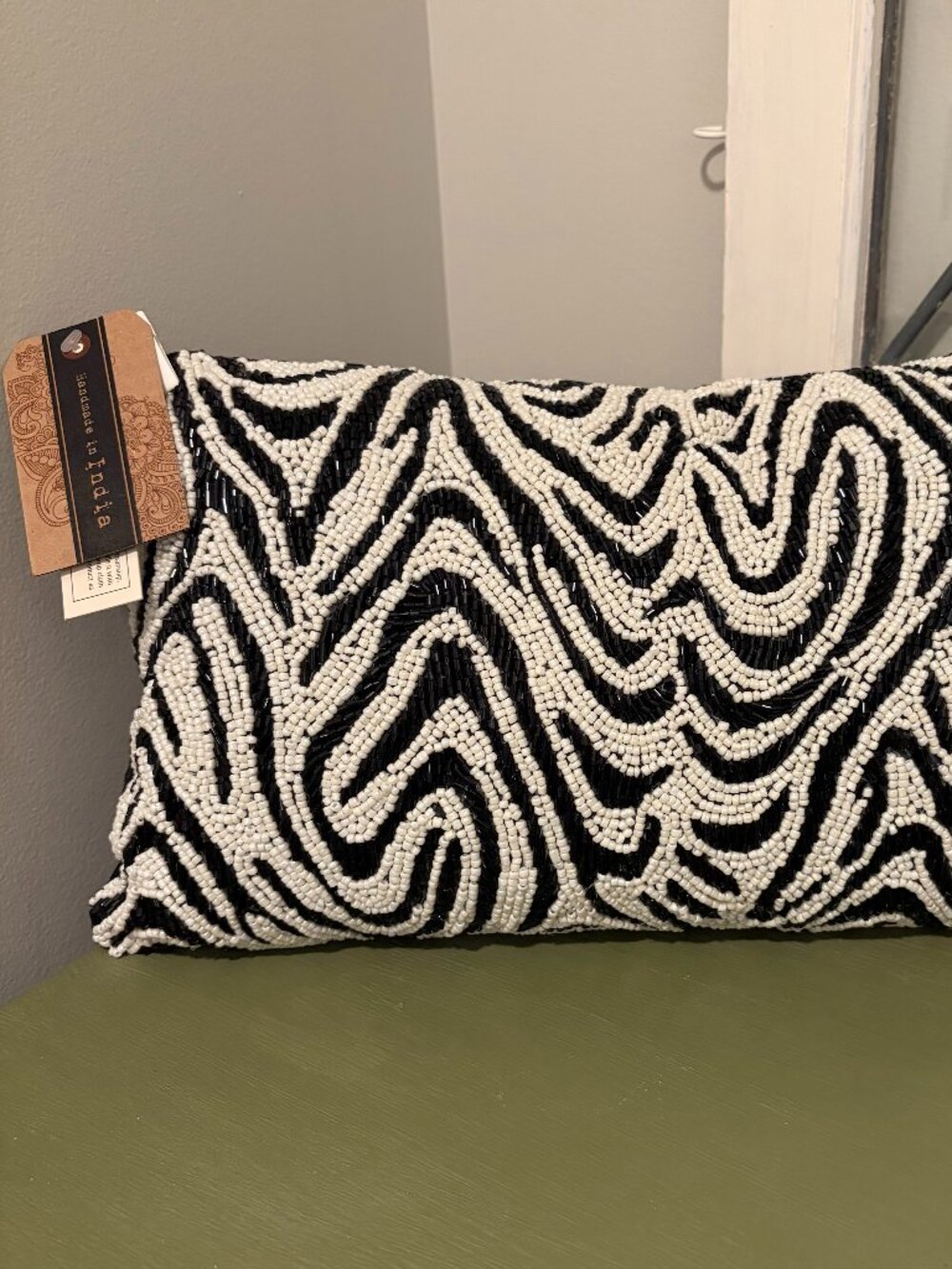 Beaded Zebra Print Lumbar Accent Pillow Global Home Made in India 9x15 NWT luxe